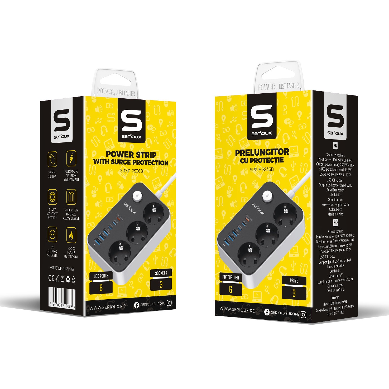 Prelungitor cu protectie Serioux SRXP-PS36B, 3 x schuko, tensiune