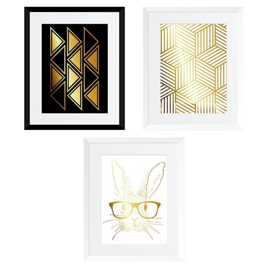 Set cadou 3 Tablouri Rabbit went home, colaj metalic auriu, 3 piese 24x30cm/buc