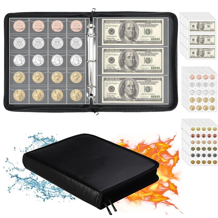 Албум за монети и банкноти, Огнеустойчив, 360 джоба за монети, 60 джоба за банкноти, 23.5x28.5x4.5 см, Черен