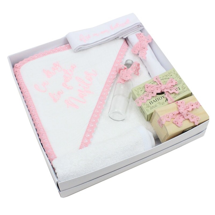 Trusou, Cu drag din partea nasilor, 7 piese, cu dantela roz, bumbac, alb