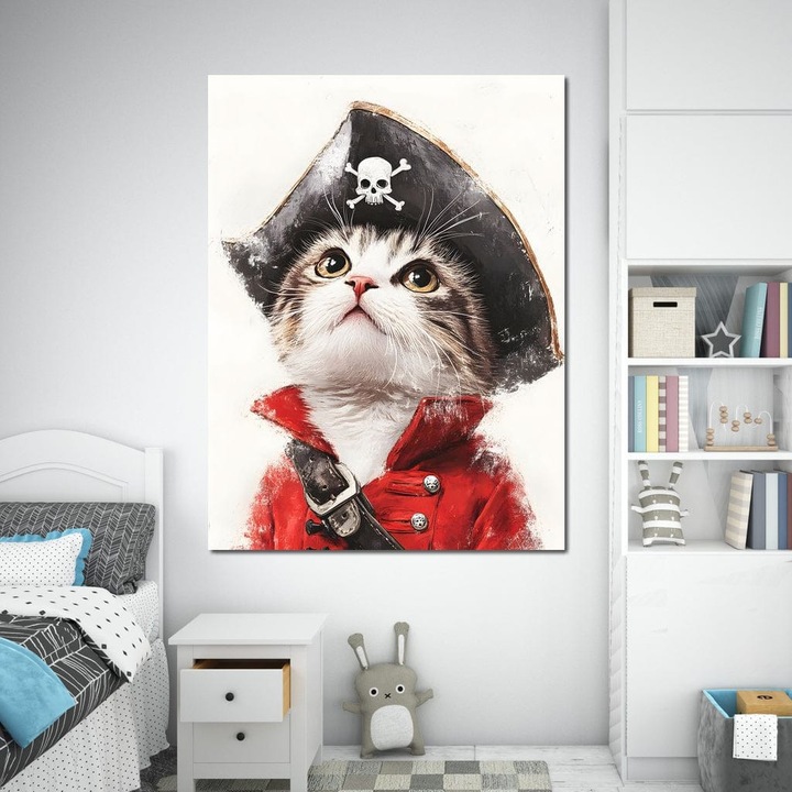 Премиум картина върху платно, LuxCanva® M1233, Малко пиратско коте, 100 X 135 CM, 100% памучно платно 400g/m2, дървена рамка, капитан, шапка, приключение, пътуване, котка, пират, кораб, костюм, детство, офис, хол, детска стая