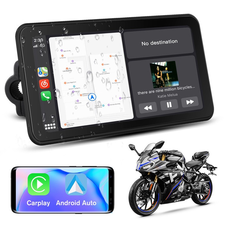 Navigatie pentru motocicleta, AWESAFE, Ecran de 6,25 inci, Carplay, Android Auto, cu camera frontala DVR, impermeabilitate IP67, Bluetooth, card SD