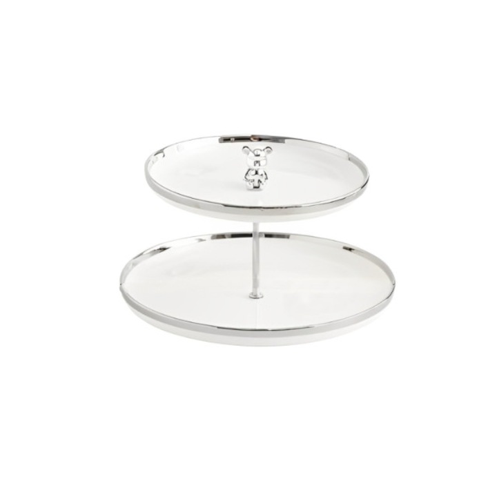 Suport Etajat Desert, 2 Platouri, Ceramica, 21x18cm, Alb-Argintiu