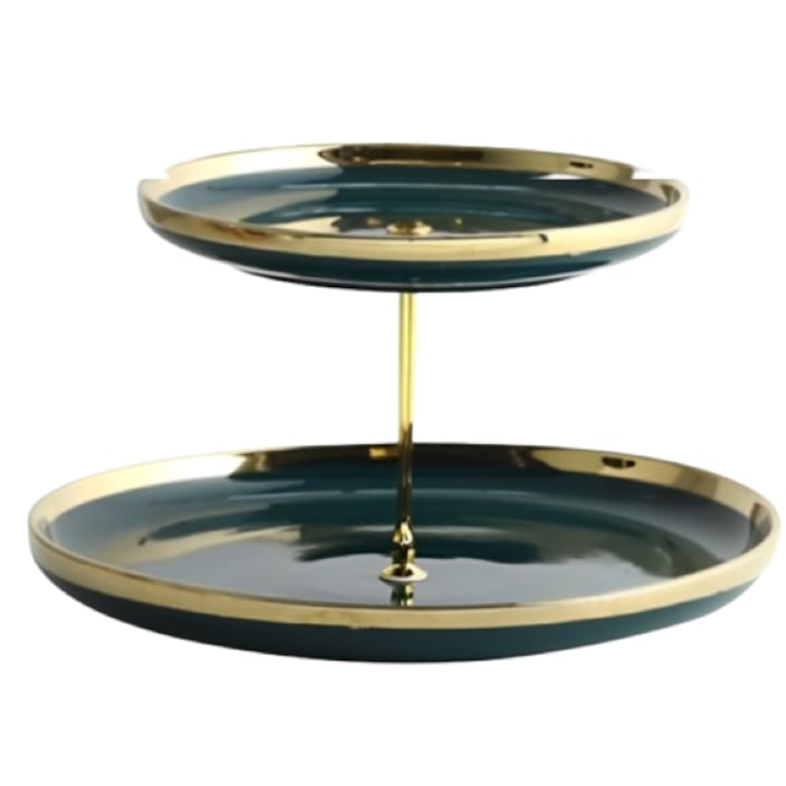 Suport Etajat Desert, 2 Platouri, Ceramica, 21x18cm, Negru-Auriu