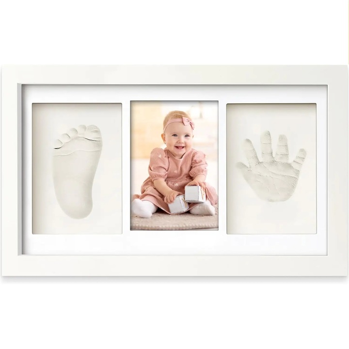 Kit Amprenta Bebe cu Lut Non-Toxic si Rama Foto Elindor® Personalizabil, pentru Maini si Picioare, Cadou Ideal pentru Botez, Zi de Nastere si Baby Shower, Set Complet cu Etichete, Pigment si Cutie de Cadou, Design Elegant, Alb