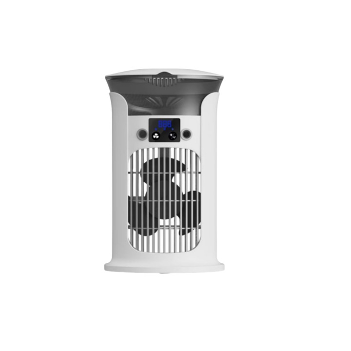 Racitor de aer portabil, rezervor de apa de 880 ml, 3 setari de viteza, lumina de noapte, se poate adauga apa si gheata, umidificare cu aerosoli, reducere a zgomotului bas, USB, 163x163x270 mm, alb fildes