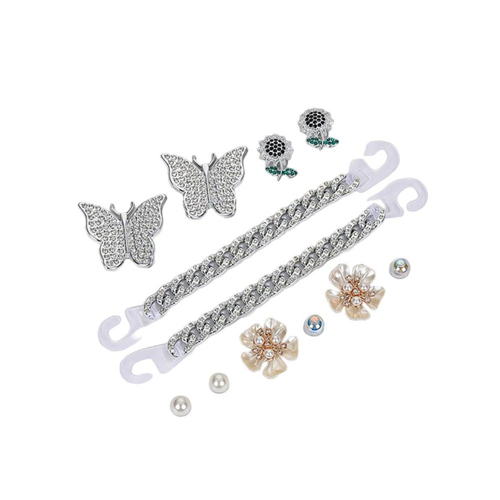Set ornamente pentru incaltaminte, Flori și Fluturi, 12 Piese, Argintiu/Auriu