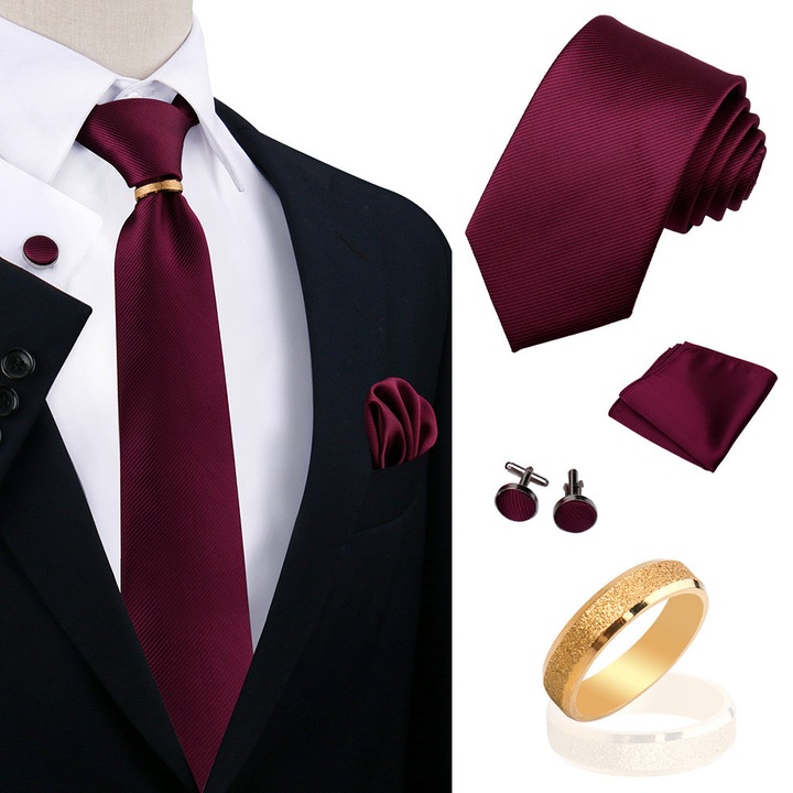 Set accesorii barbati cravata, batista, inel cravata, butoni, poliester, rosu