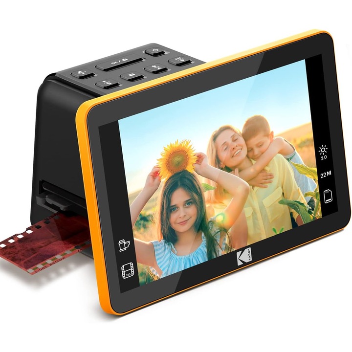 Film- és diaszkenner 7 hüvelykes LCD képernyővel, 14/22 megapixeles felbontással, 135, 110 és 126 színes és fekete-fehér filmmel kompatibilis, folyamatos betöltési funkcióval, fotószerkesztéssel, SD vagy SDHC kártyahellyel, HDMI porttal, fekete színben