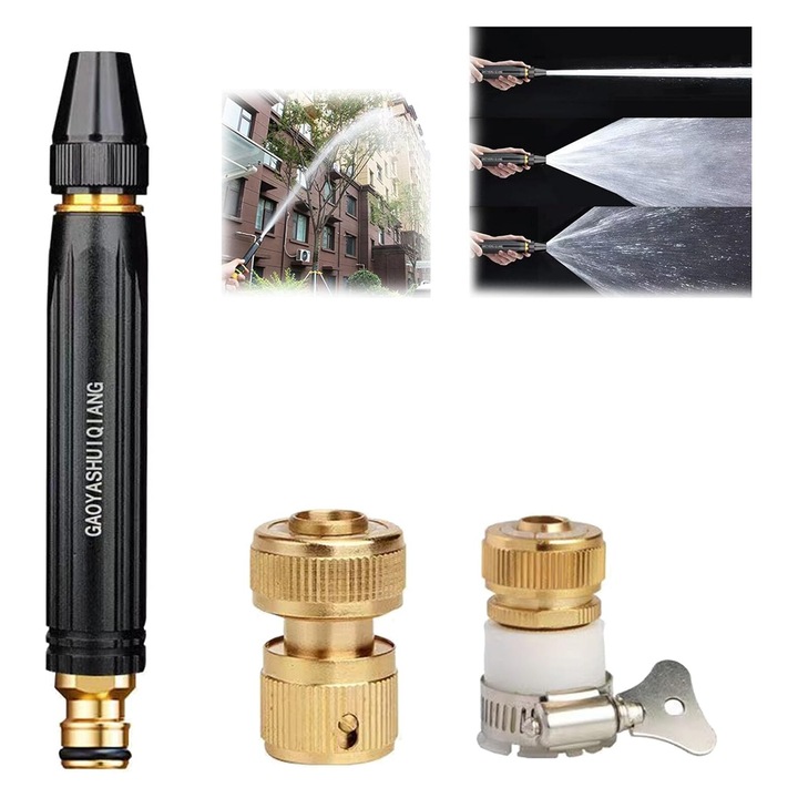 Nagynyomású kerti tömlővég, fekete, univerzálisan kompatibilis, állítható fúvóka