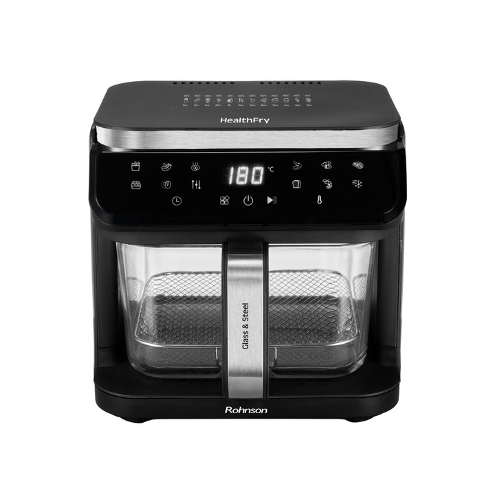 Friteuza cu aer cald R-2890, sticla si otel, HealthFry, 5, 5 l, 1400W, timer1-60 min, panou tactil LED, 12 programe presetate