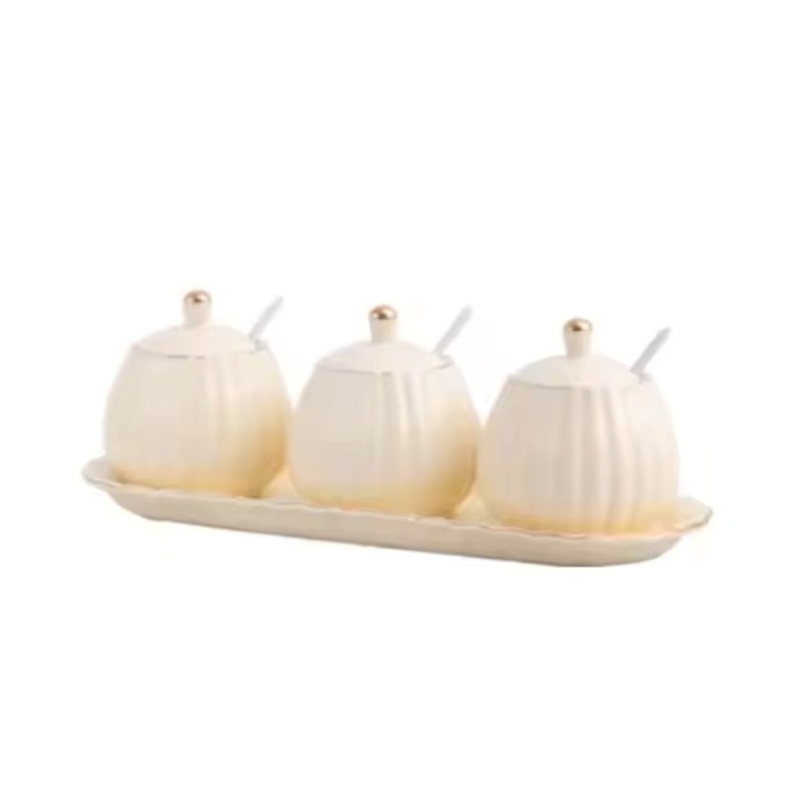 Set recipiente condimente 10 piese, design elegant, detalii aurii, ceramica, 180ml, piersica-auriu