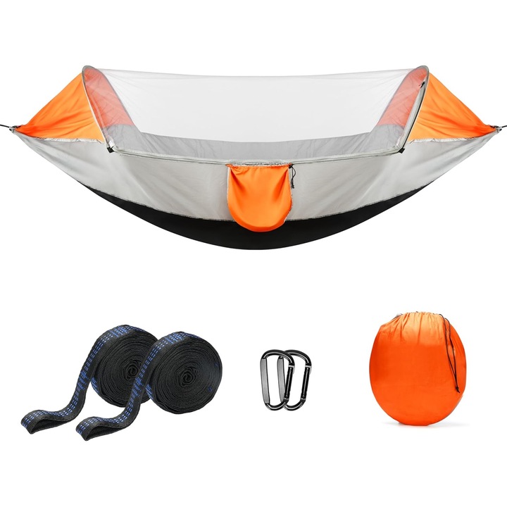Къмпинг хамак, Belle Vous, с мрежа против комари, материал 210T найлон, 250x80 см, преносим, страничен джоб за съхранение, ремъци за закрепване и карабинери, Сив/Оранжев