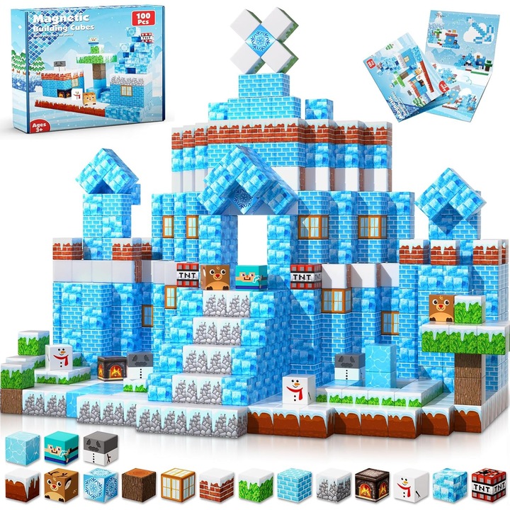 Blocuri magnetice Montessori cu 100 de cuburi magnetice, construieste-ti lumea de gheata si zapada, jucarie magnetica de la 4, 5, 6, 7, 8, 9 ani, pentru baieti si fete, cadouri pentru copii