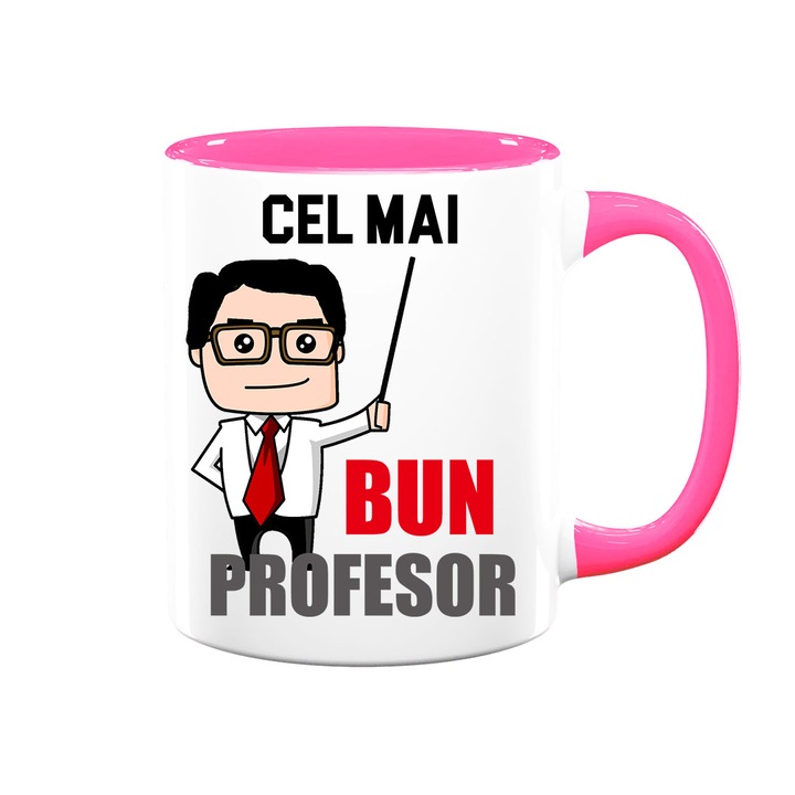 Cana personalizata cu mesaj:"Cel mai bun profesor", Betaprint, ceramica, 330ml, alba cu interior roz