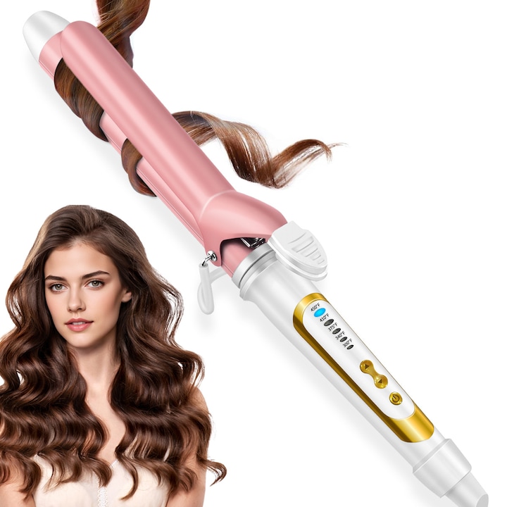 Ondulator, Juemel, M7091, 5 setari de temperatura, 300℉-450℉, Invelis ceramic, Bara 32mm, In intreaga lume tensiune dubla 127/220V, Oprire automata, Potrivit pentru toate tipurile de par, Auriu roz