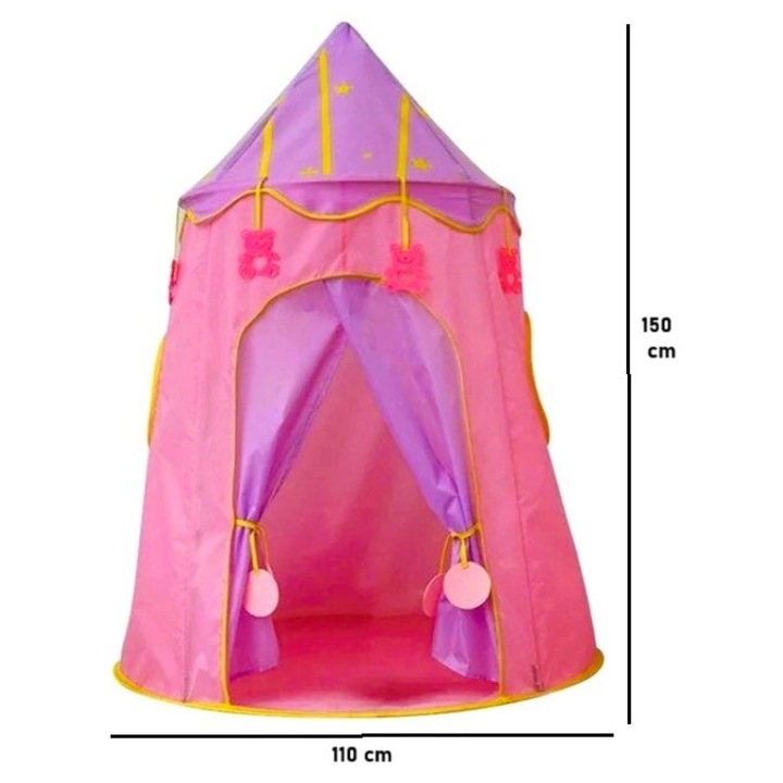Cort pentru copii, Tarossy®, spatiu de joaca tip castel cu 2 ferestre, pliabil, roz, 110cm x 150cm