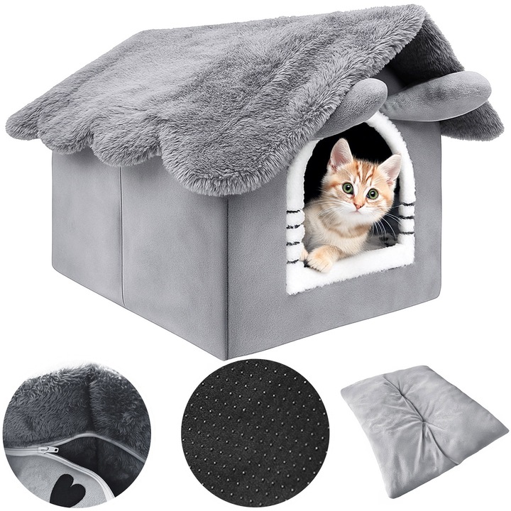 Casa pentru pisici, pat de joaca din plus, lenjerie de pat moale, cusca Mersjo