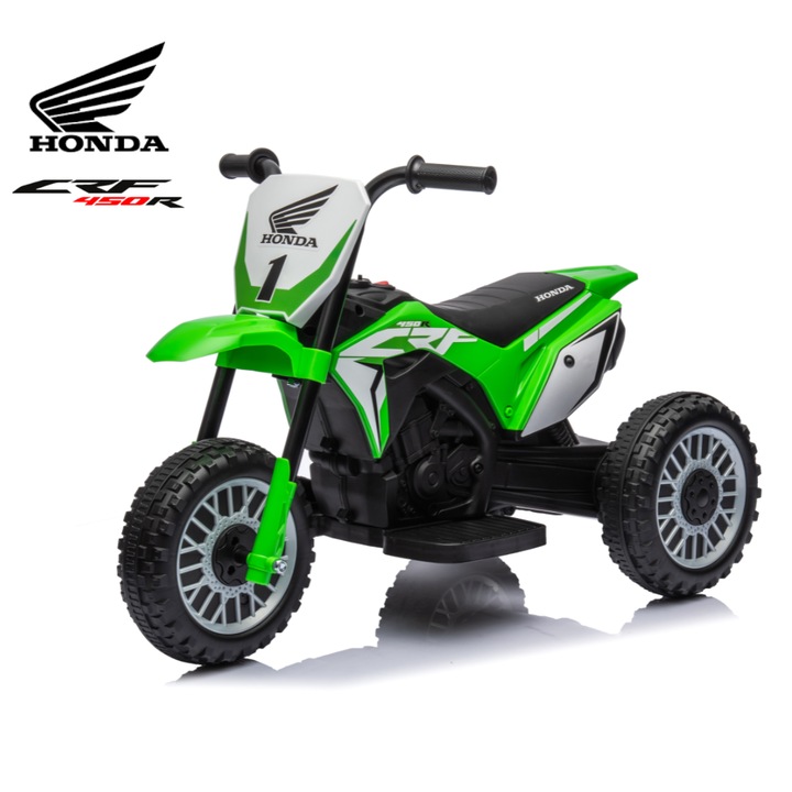 Motocicleta Cross Electrica Honda Pentru Copii, Licenta Oficiala Honda, Autonomie mare - Baterie LI-Ion 7,2V 2,5Ah, Incarcator, Recomandat pentru varsta 1,5 - 3 ani, L 71 x l 40,5 x H 43,5 cm, VelvetKidS