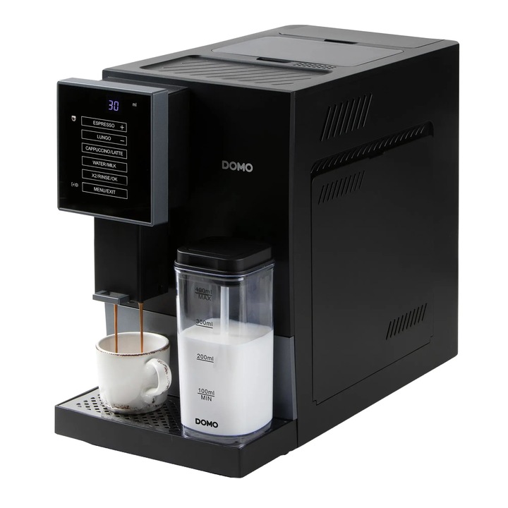Espressor automat DOMO, 19 bari, ideal pentru toate specialitatile de cafea, rezervor boabe cafea 125 gr, rasnita integrata, rezervor lapte 400 ml, sistem Thermoblock, incalzire rapida, inaltime ajustabila a duzei de cafea, negru