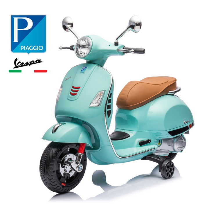 Scuter Electric Vespa®, Autonomie mare - Baterie Li-Ion 10,8V 3,1Ah, Incarcator, Motor 2 x 30W, Roti suport, Scaun piele, Muzica, LED, Recomandat pentru varsta 3-6 ani, Sustine pana la 30 kg, 102 L x 50,5 l x 75,5 H cm, VelvetKids