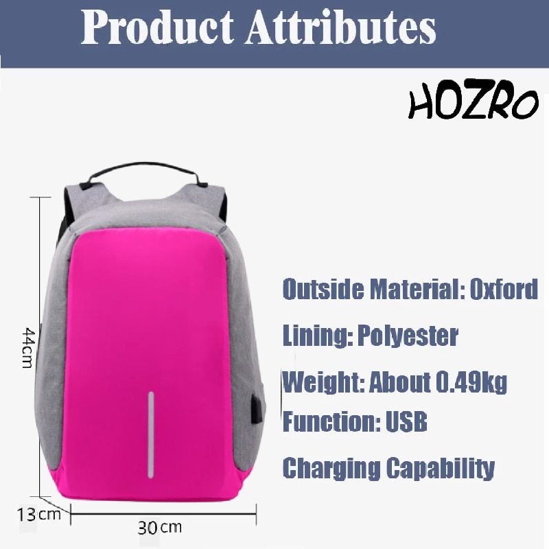 Rucsac Laptop HOZRO, 14 inch, Port USB, Poliester Rezistent, Compartiment Laptop, Calatorie, Scoala sau Birou, Roz