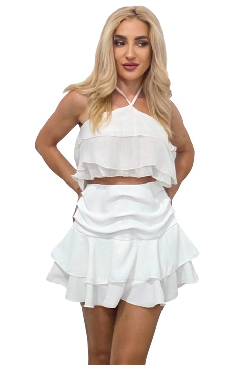 Fusta pantalon MELLO, croi scurt cu volane si falduri, ALB, Marime universala S/M, FashionForYou