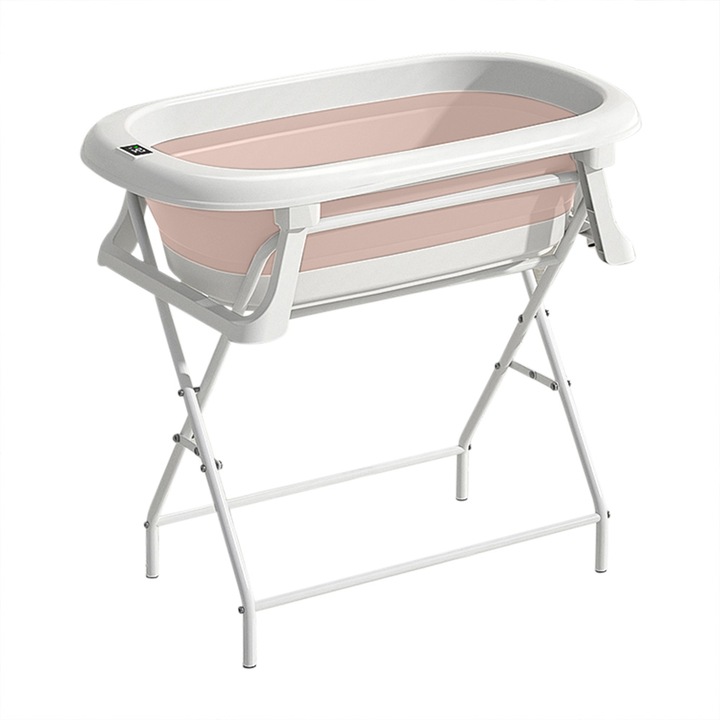 Cadita pliabila cu termometru electronic, hamac ajustabil, dop si stand pliabil Kidizi Folda pink, certificat EN71, include furtun scurgere si baza antialunecare, 0-24 luni