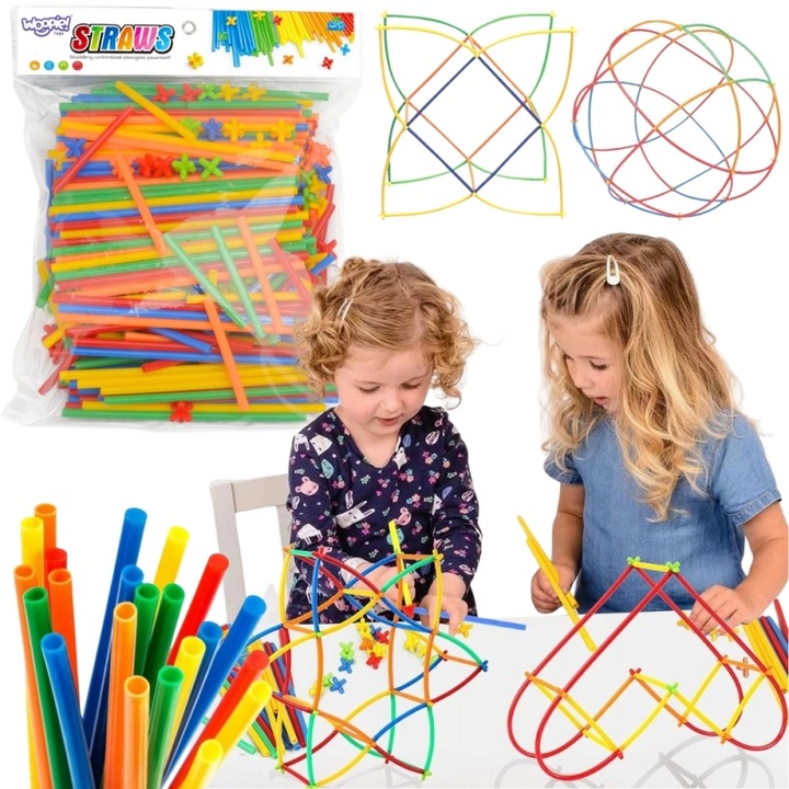Комплект сламки за строителство Woopie, 500 елемента, 125 тръбички 19,5 см, 125 тръбички 9,5 см, многоцветни