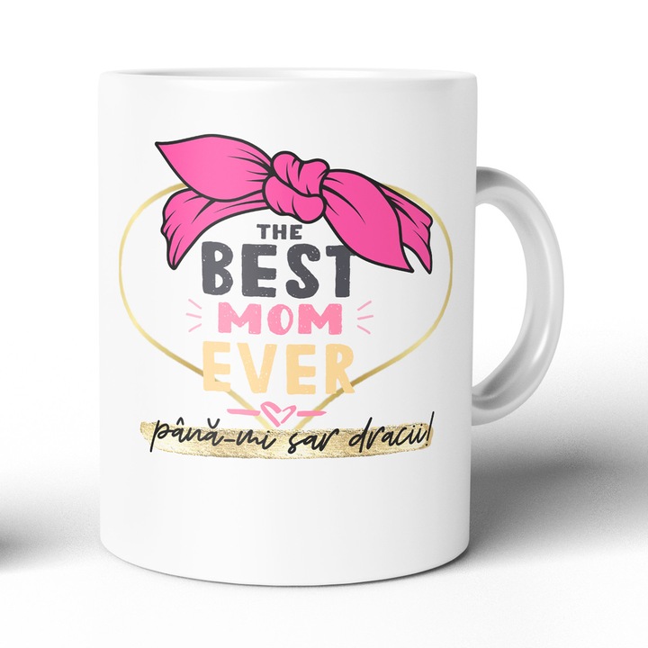 Cana Cadou JOYSTOS, Alba, 330 ml, Din Ceramica Cu Mesaj Amuzant „The Best Mom Ever… Pana-Mi Sar Dracii!”, 330 Ml, Pentru Mame Cu Simtul Umorului