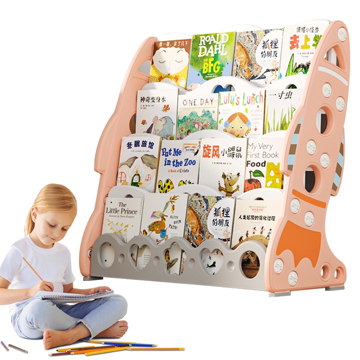 Детска етажерка за книги, Wacorresi, Детска етажерка за книги, 4 нива, за съхранение на играчки, тетрадки и списания, 56x55x25см, розова