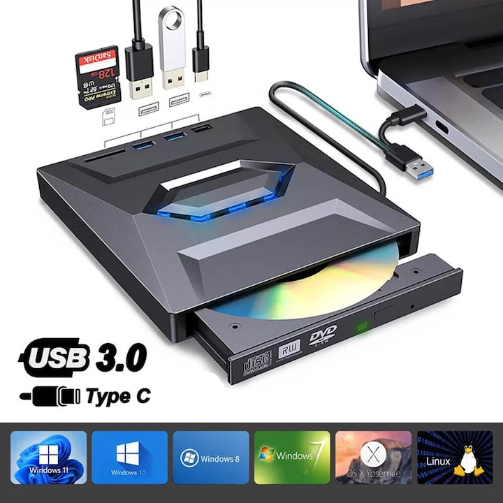 DVD Writer Extern, lynker, Portabil Slim, Multifunctional, plug and play, 2x USB-A 2.0, 1x USB-C 3.0, Cititor De Carduri TF SD, Reader DVD, Player Compatibil Laptop/Desktop/Macbook/iMac, Windows 11/10/8/7, Linux OS, Negru