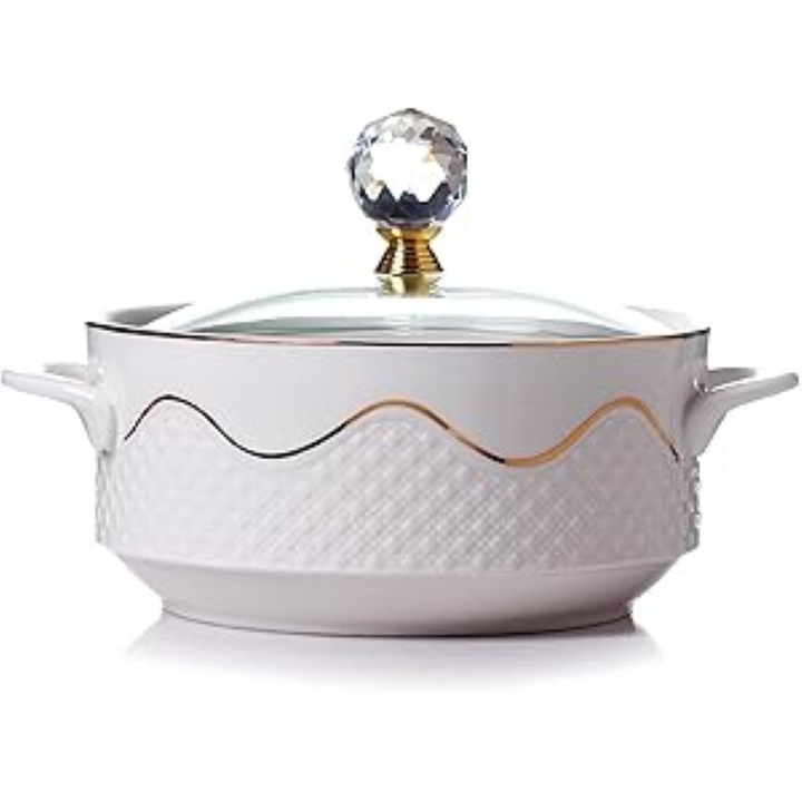 Купа за супа с капак и дръжки, керамика и стъкло, елегантен златист детайл, 20x13 см, бял/златист