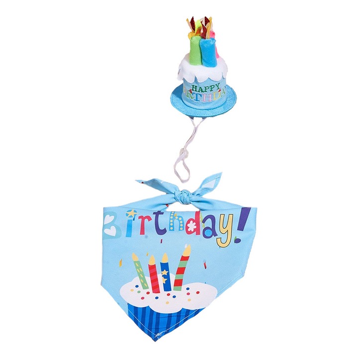 Set palarie si bandana pentru petrecerea de ziua de nastere, design tort, poliester, albastru