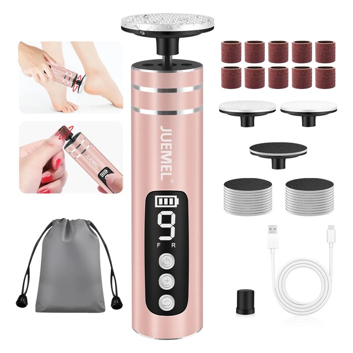 Pila Electrica Pentru Talpi si Calcaie 2 in 1, Juemel, M7088, 9 viteze, 5500 RPM, 1800 mAh, Comutare inainte si inapoi, Display Digital LED, 4 upgrade sticla discuri abrazive+10 benzi de slefuire, Indepartare Piele Moarta si Calus, Portabil, Roz