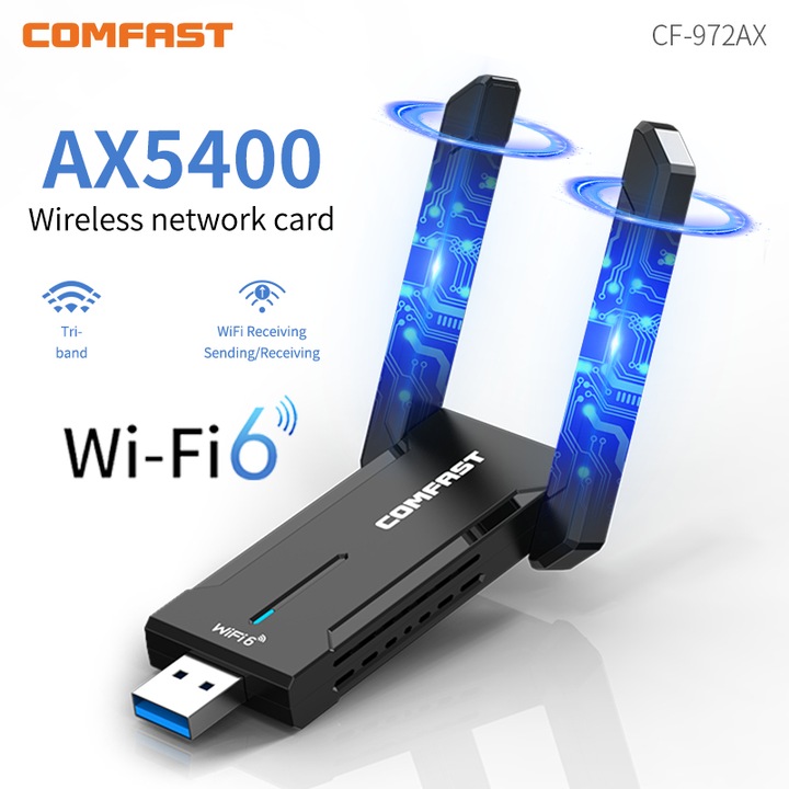 Vezeték nélküli USB adapter COMFAST CF-972AX, WiFi 6 AX5400, Háromsávos 2.4G/5G/6G, USB3.0