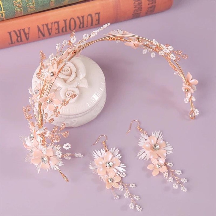 Set coronita si cercei, auriu, cu flori si pietre, Etna C10, Pursehuit