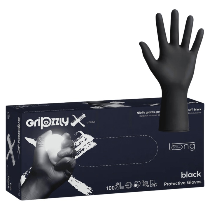 Manusi Mecanici Nitril Texturate GripZzly X, Manseta Lunga, Negre, Rezistente la Chimicale si Uleiuri, 100 buc, XL