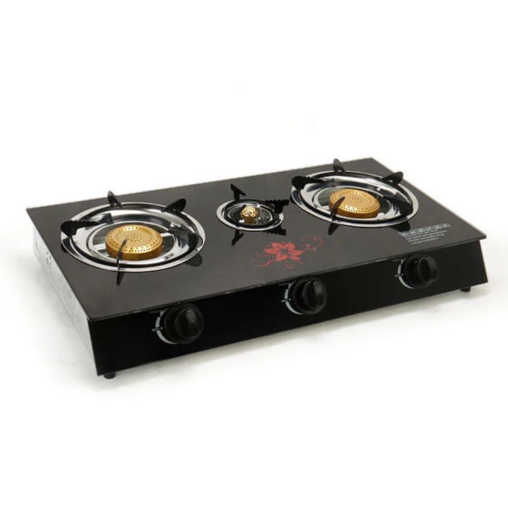 Plita pe gaz cu 3 ochiuri, design din sticla, compatibila cu butelie