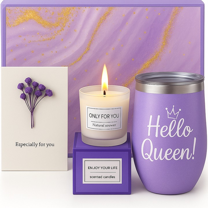 Set cadou femei, elegant, cu model lavanda, pentru momente de ingrijire personala, pachetul include cana, lumanare, pai si felicitare florala - WOMGIFTPURPLE
