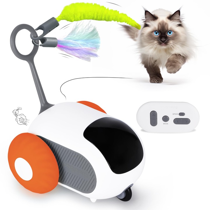 Jucarie interactiva pentru pisici BHW, telecomanda, portocaliu / alb, Gravity Automatic Mobile Car Toy, jucarie pentru pisici Mouse, jucarie pentru pisici in miscare, reincarcabila prin USB