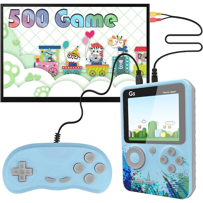 Consola Portabila G5, Rqiurpn, ecran 3 inch, 500 jocuri, baterie 1000mAh, reincarcabila, pentru adulti, conectare la TV, Albastru