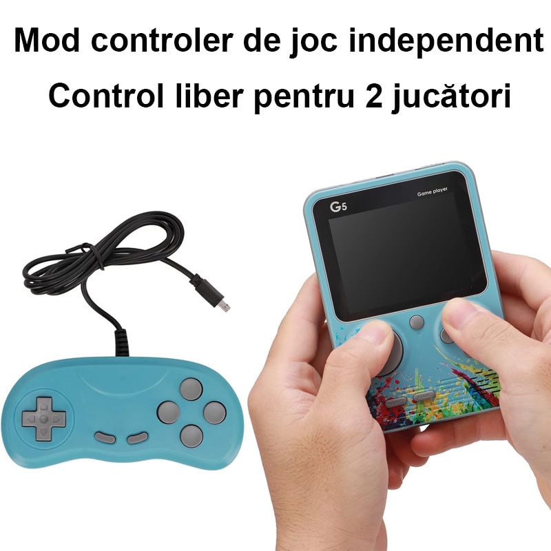 Consola Portabila G5, Rqiurpn, ecran 3 inch, 500 jocuri, baterie 1000mAh, reincarcabila, pentru adulti, conectare la TV, Albastru