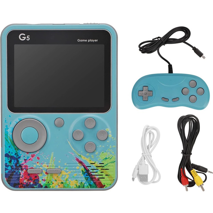 Consola Portabila G5, Rqiurpn, ecran 3 inch, 500 jocuri, baterie 1000mAh, reincarcabila, pentru adulti, conectare la TV, Albastru