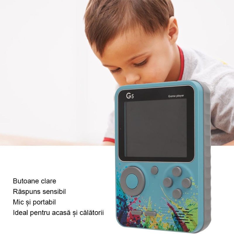Consola Portabila G5, Rqiurpn, ecran 3 inch, 500 jocuri, baterie 1000mAh, reincarcabila, pentru adulti, conectare la TV, Albastru