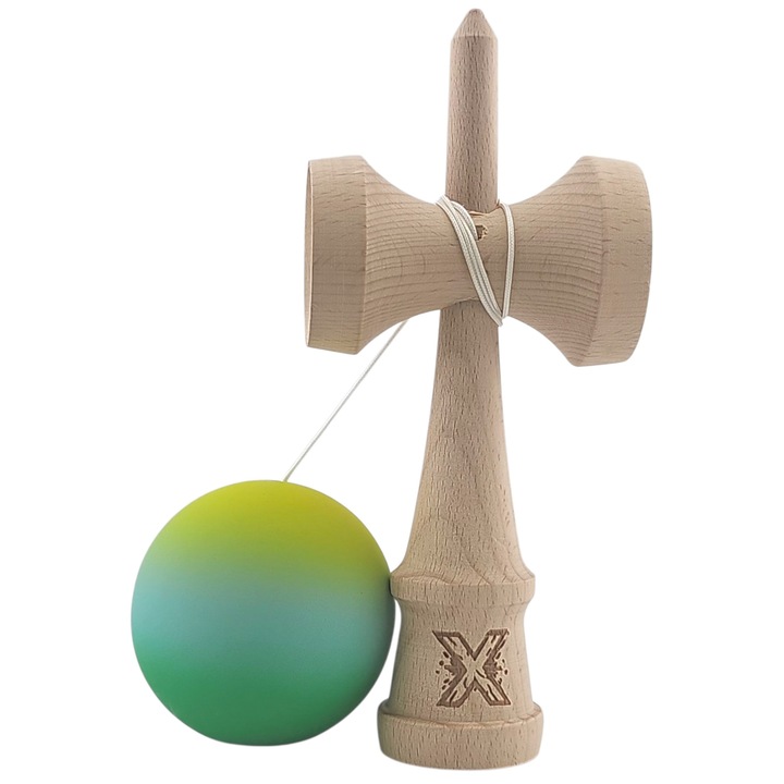 Kendama, LEIBOO, fa, gumírozott labda, zöld, 18cm