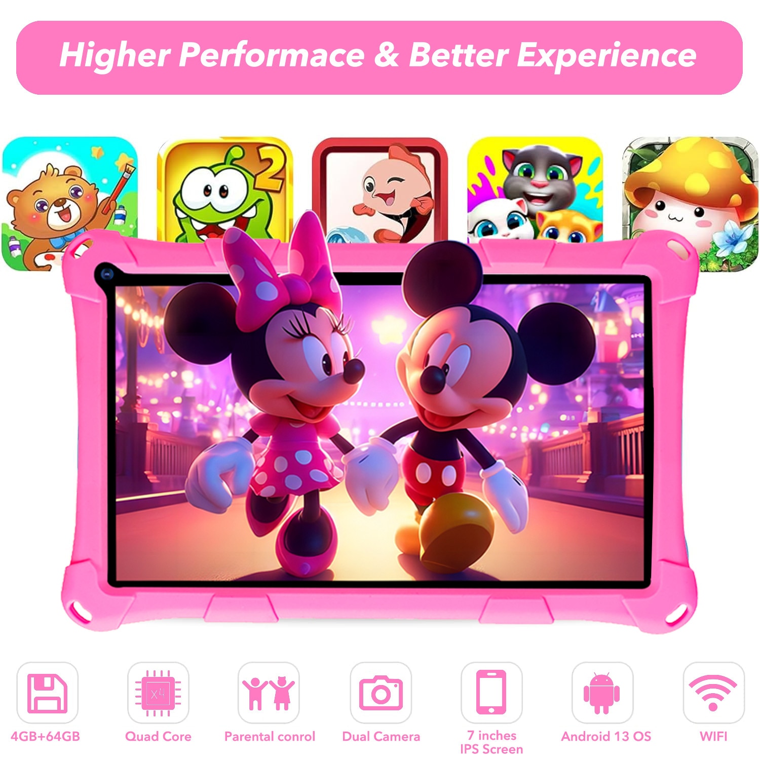 Tableta pentru copii LULUGTI, 7 inch, Android 13, 64GB, design ergonomic, roz