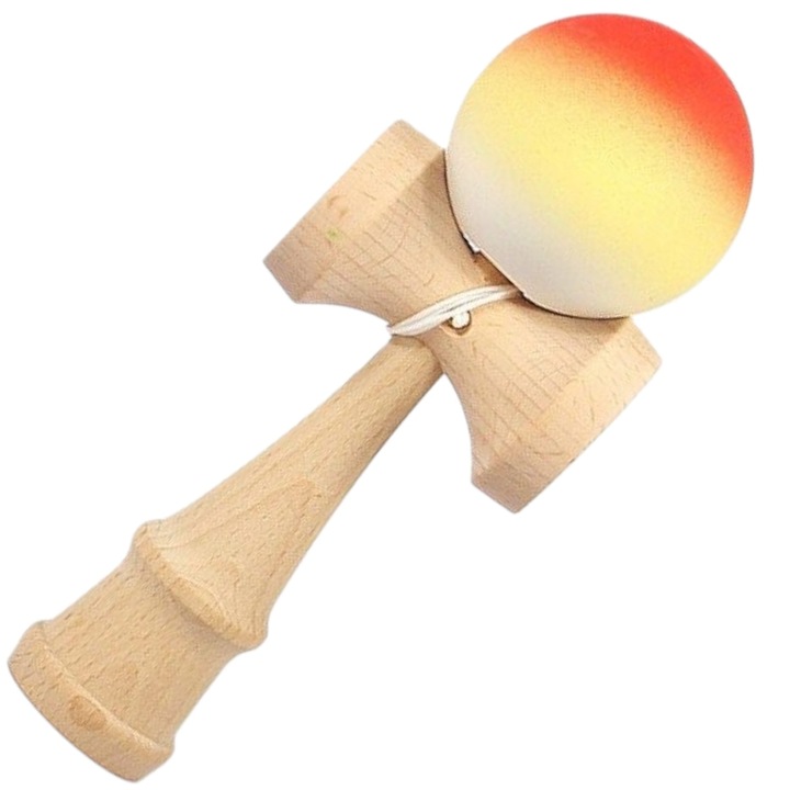 Professzionális Kendama, Fa, 18 cm, Ügyességi játék gyerekeknek és felnőtteknek, Átmenetes minta, Piros / Sárga / Fehér