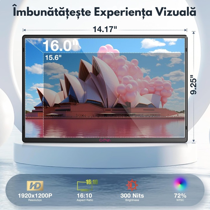 Qova преносим монитор, 1920x1200, USB-C и Mini HDMI – ултратънък, голям IPS 16:10 екран, портретен и пейзажен режим, съвместим с лаптоп, телефон, конзола, Windows, Mac, Android, Plug & Play, два високоговорителя, включен защитен калъф 16"