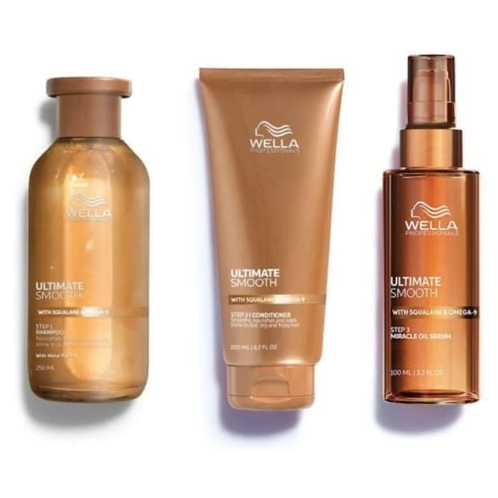 Set Wella Pro Ultimate Smooth: Sampon 250 ml + Balsam 200 ml + Ulei hidratant 100ml